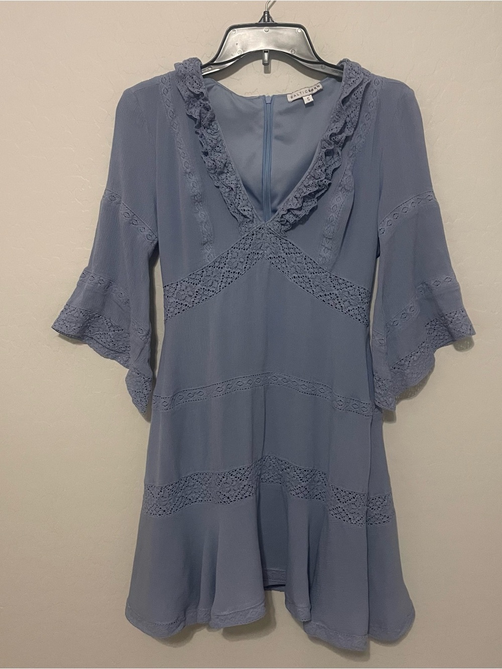 Baltic Born Dusty Blue Lace Trim Bell Sleeve Boho Ruffle Mini Dress S